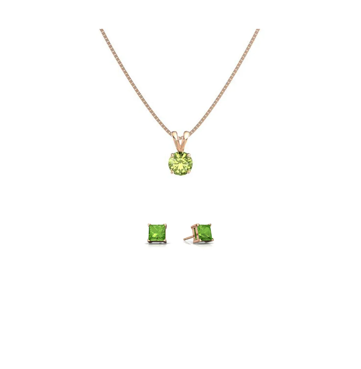 18K Rose Gold 1ct Peridot Round 18 Inch Necklace and Square Earrings Set Plated