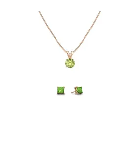 18K Rose Gold 1ct Peridot Round 18 Inch Necklace and Square Earrings Set Plated