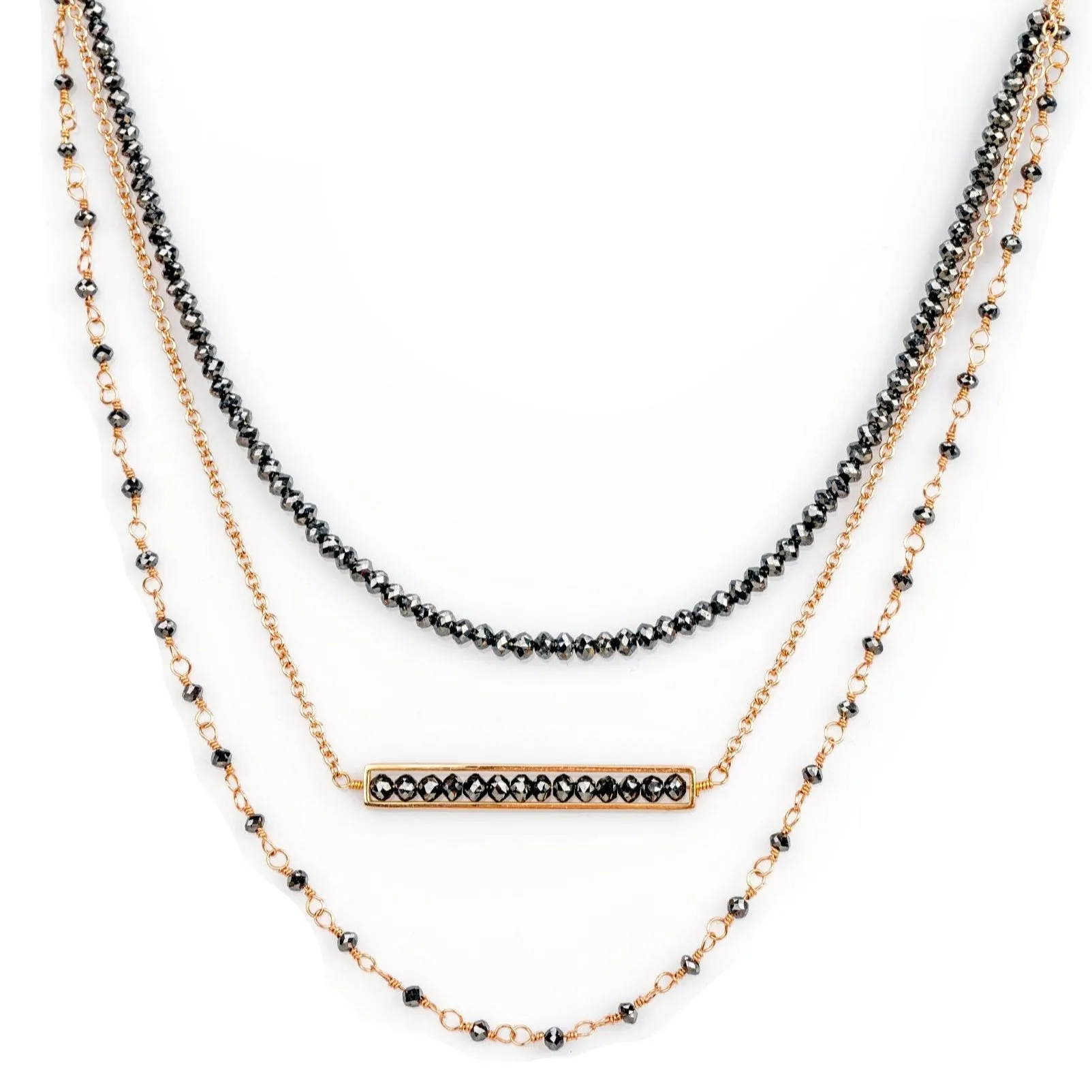 18k Rose Gold Black Diamond Triple Layered Necklace