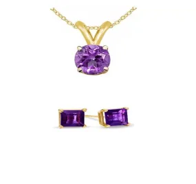 18K Yellow Gold 3ct Amethyst Round 18 Inch Necklace and Square Earrings Set Plated