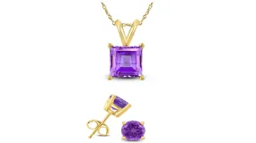 18K Yellow Gold 3ct Amethyst Square 18 Inch Necklace and Round Earrings Set Plated