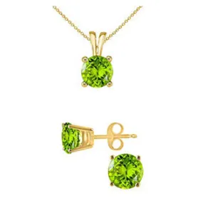 18K Yellow Gold 3ct Peridot Round 18 Inch Necklace and Earrings Set Plated