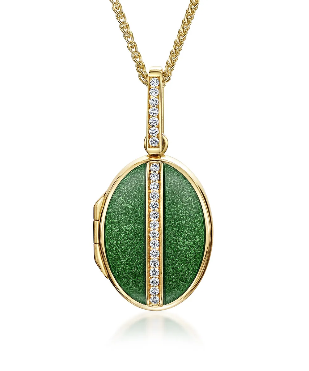 18K Yellow Gold Diamond & Green Enamel Locket