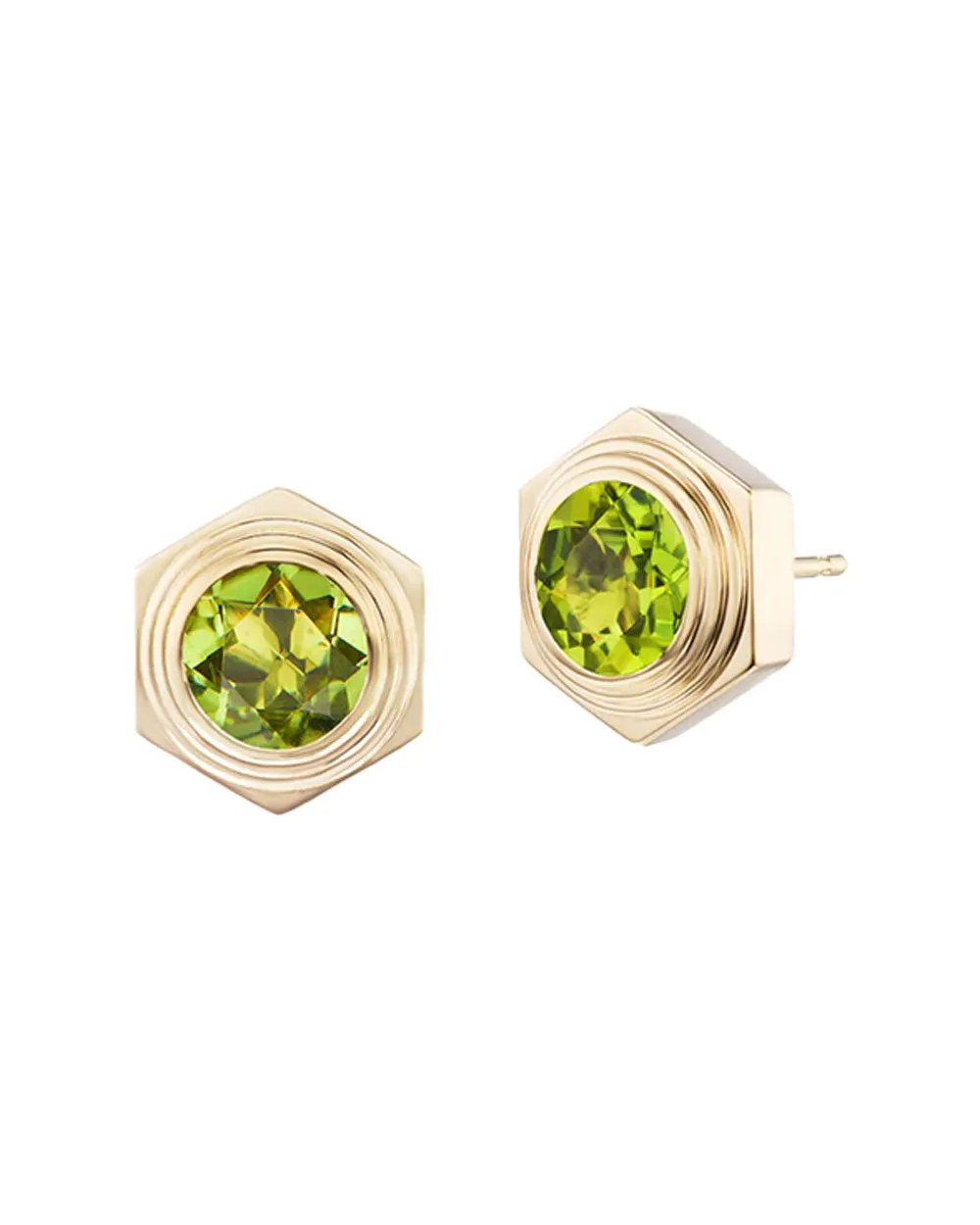 18k Yellow Gold Hexagonal Peridot Stone Stud Earrings