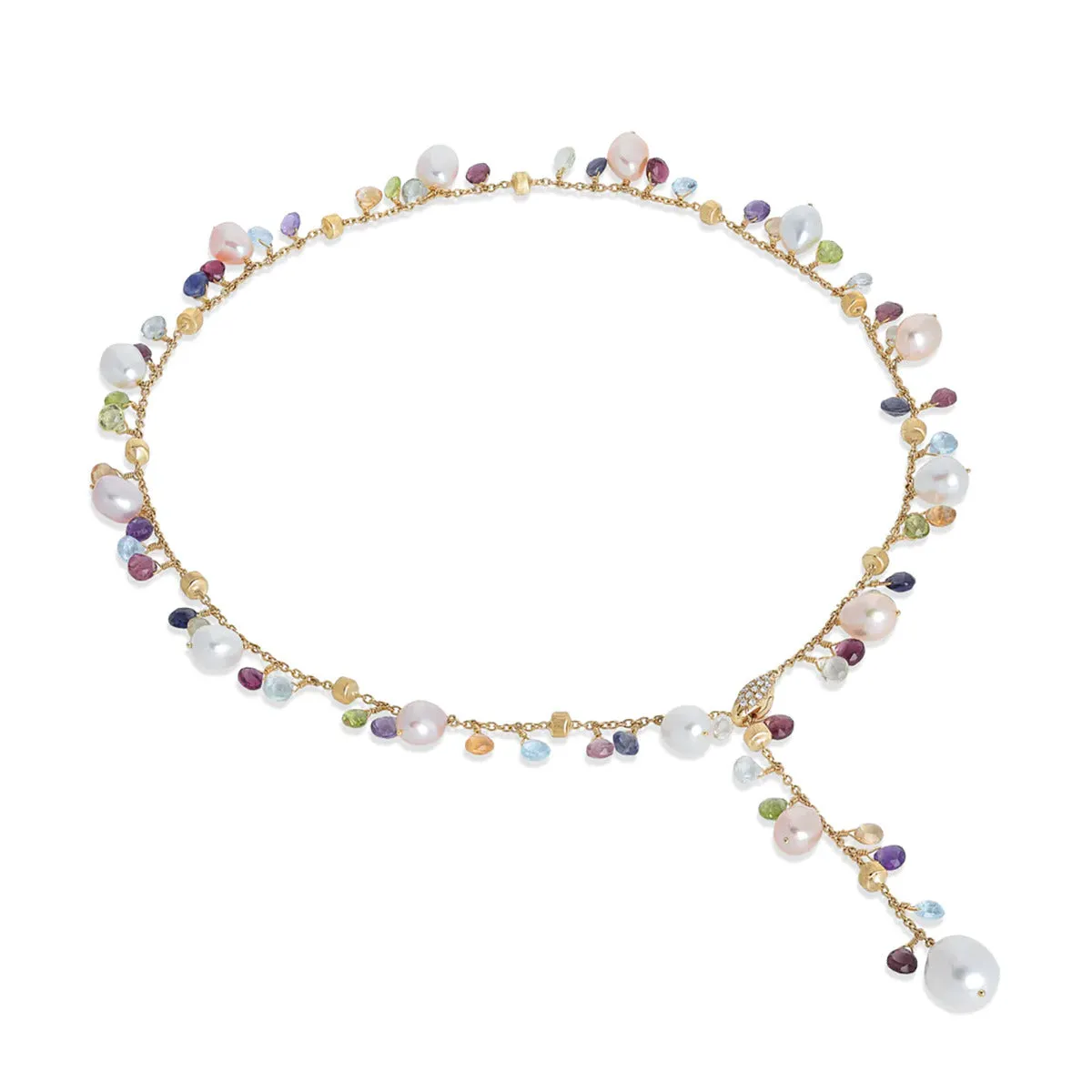 18K Yellow Gold Mixed Gemstone and Pearl Lariat Necklace