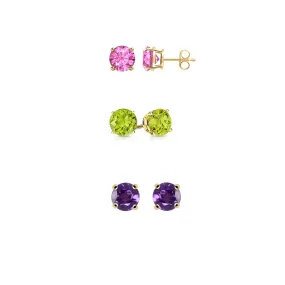 18k Yellow Gold Plated 1/2Ct Created Pink Sapphire, Peridot and Amethyst 3 Pair Round Stud Earrings