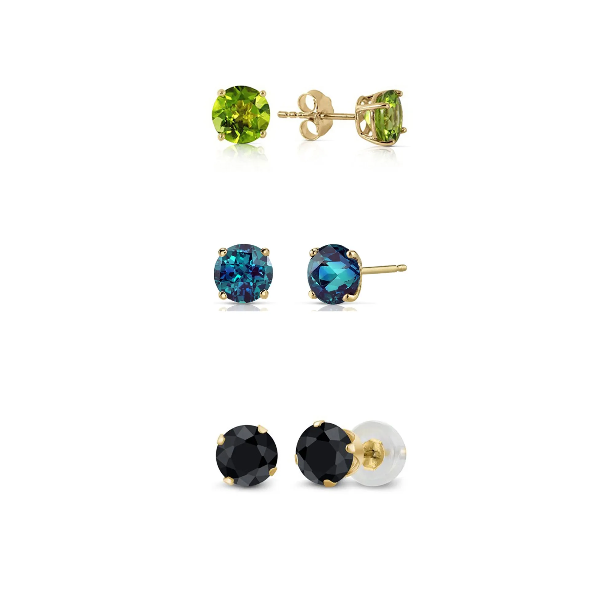 18k Yellow Gold Plated 2Ct Created Peridot, Alexandrite and Black Sapphire 3 Pair Round Stud Earrings