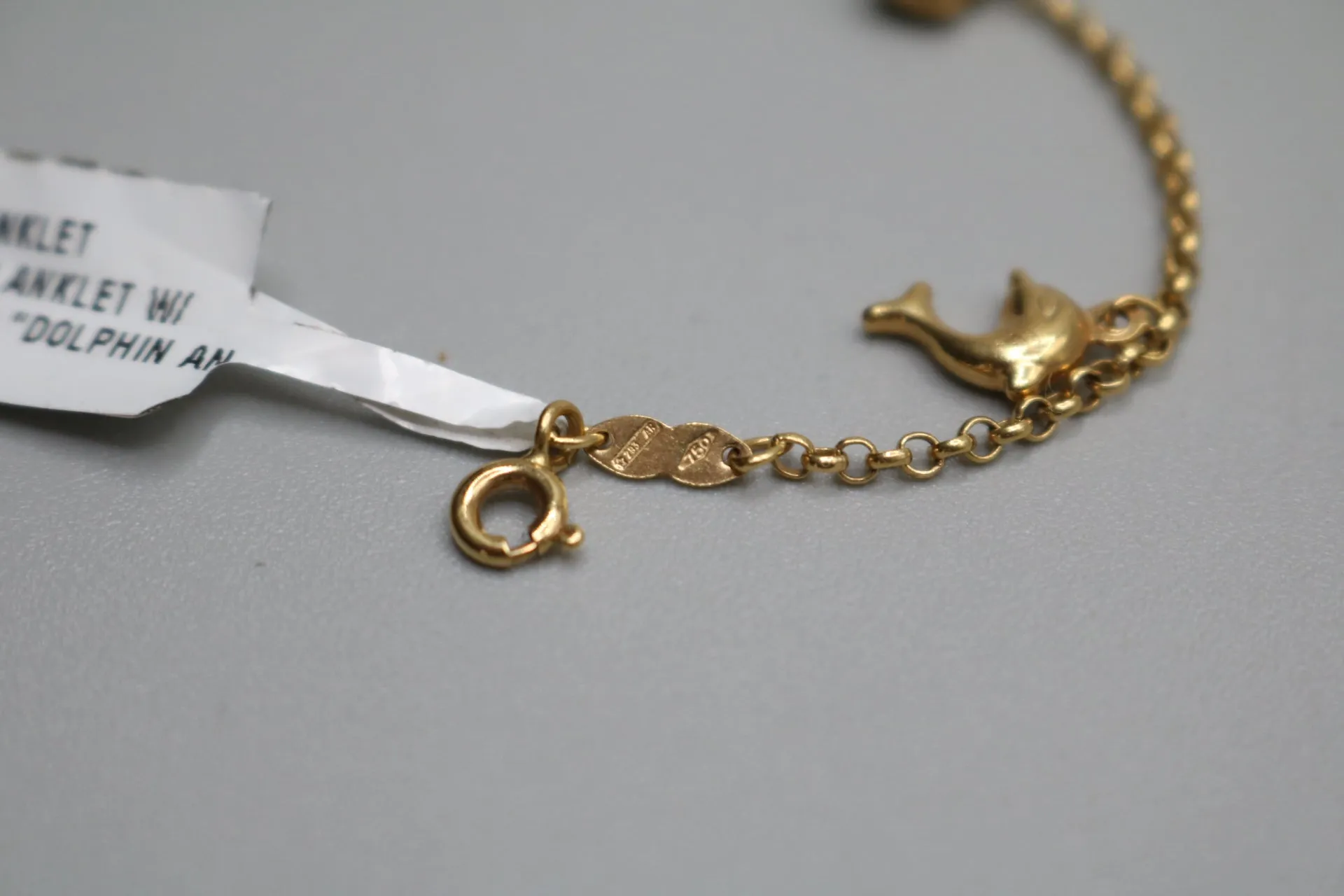 18k Yellow Gold Rolo Dolphin Anklet (Length 7")