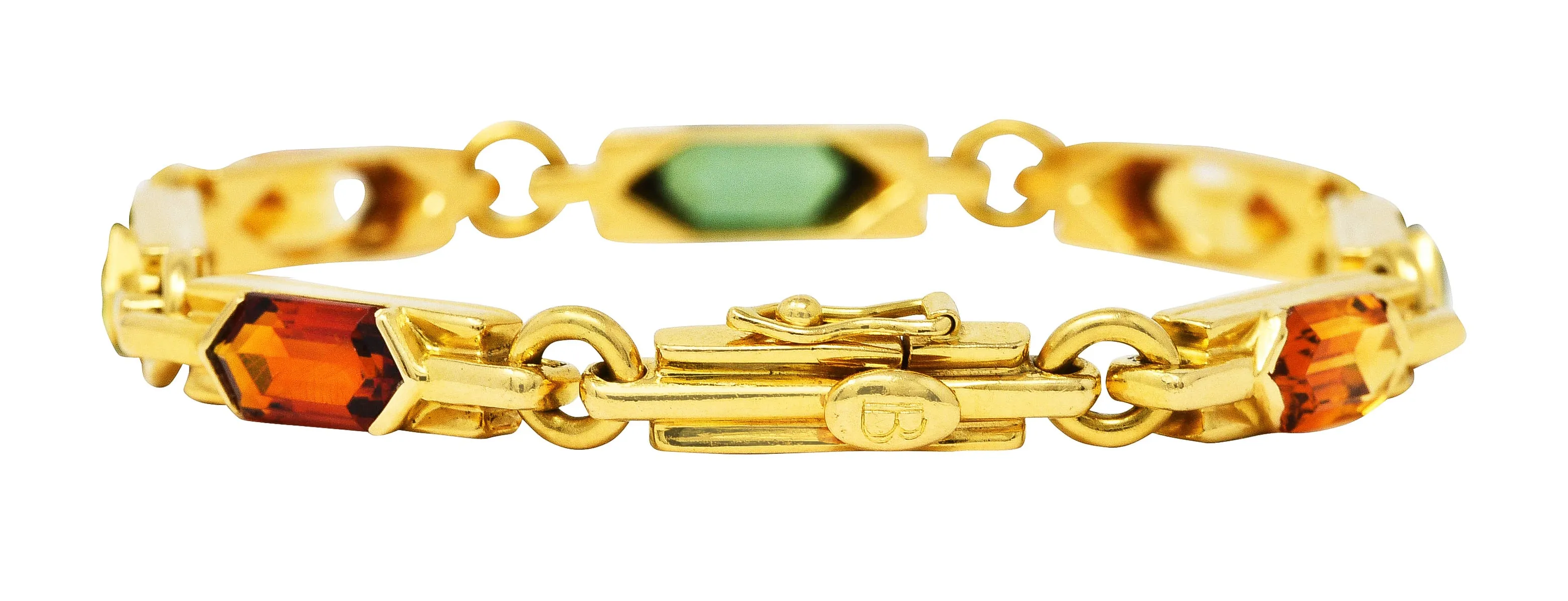 1980's Bulgari Peridot Citrine Green Tourmaline 18 Karat Yellow Gold Vintage Italian Gemstone Bracelet