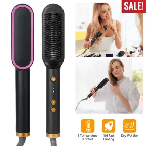 2-in-1 Electric Hair Straightener Brush - Fast Heat Styling and Curling, Adjustable Temperature