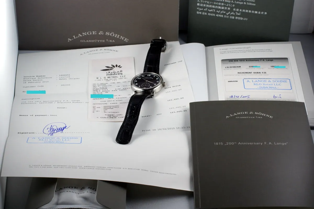 2015 A. Lange & Sohne Platinum 1815 Anniversary 236.049 with Box and Papers