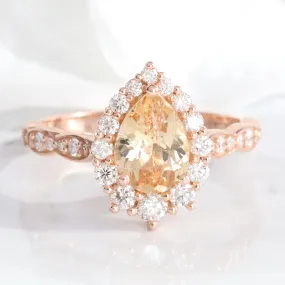 2.04 Ct Pear Golden Peach Sapphire Ring in 14k Rose Gold Tiara Halo Diamond, Size 6.5