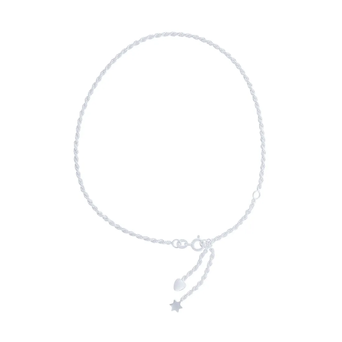 23cm Star and Heart Charm Anklet in Sterling Silver