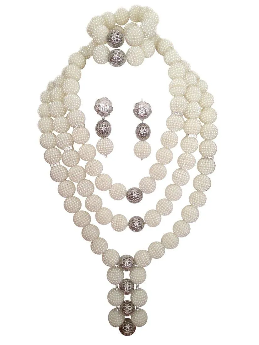 3 Layers White Cream with Silver Balls African Nigerian Beads Necklace Jewellery Set