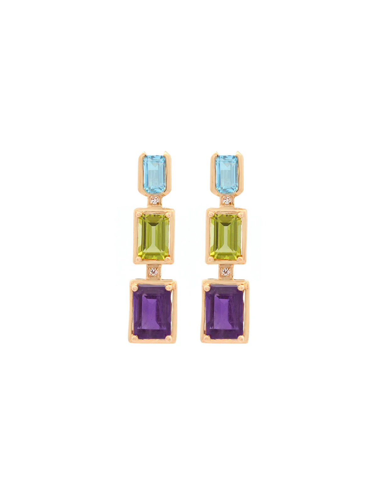 3.62ct Diamond Amethyst Blue Topaz Peridot 14K Gold Linear Earrings