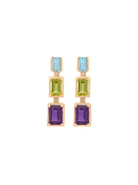 3.62ct Diamond Amethyst Blue Topaz Peridot 14K Gold Linear Earrings