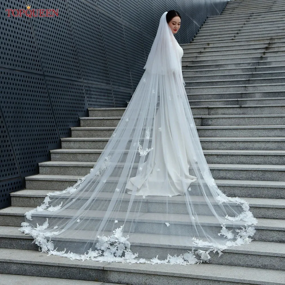 3D Flowers Wedding Veil Luxury Cathedral Lace Tulle Bridal Veil