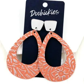 3" Metallic Embossed Hoops Western Earrings - Silver & Coral