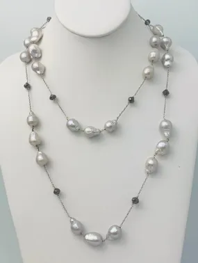 40" Grey Baroque Pearl Station Necklace in 14KW - NCK-115-TNCPRLDIA14W-GRYBLK-40 18ctw