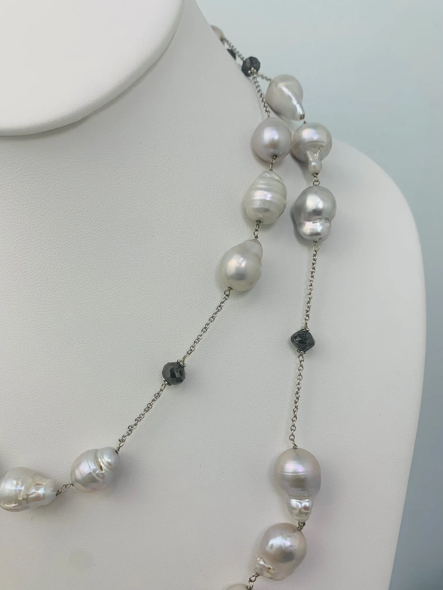 40" Grey Baroque Pearl Station Necklace in 14KW - NCK-115-TNCPRLDIA14W-GRYBLK-40 18ctw