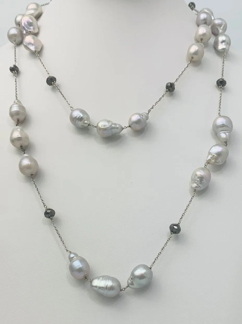 40" Grey Baroque Pearl Station Necklace in 14KW - NCK-115-TNCPRLDIA14W-GRYBLK-40 18ctw