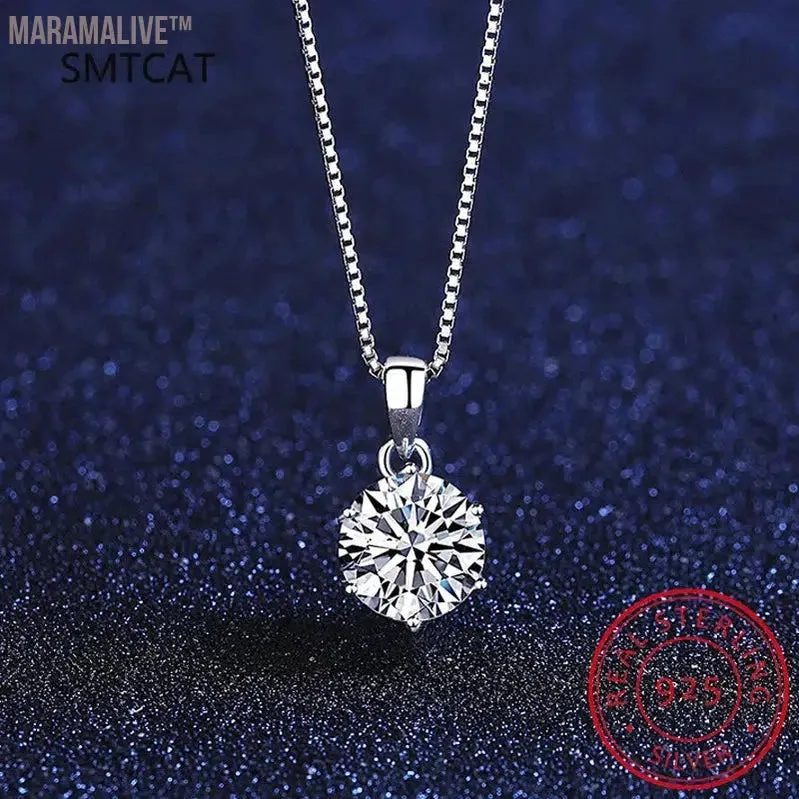 925 Silver Rhodium plating 1 Carat VVS1 Diamond Test Round Shape Moissanite Pendant Necklace Women Classic Gemstone Necklace