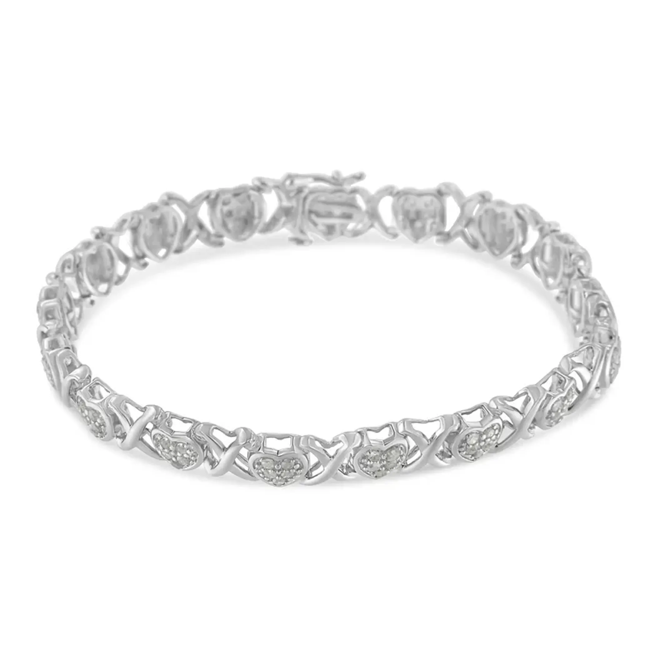 .925 Sterling Silver 1.0 Cttw Diamond Heart & X-Link 7" Tennis Bracelet (I-J Color, I2-I3 Clarity)