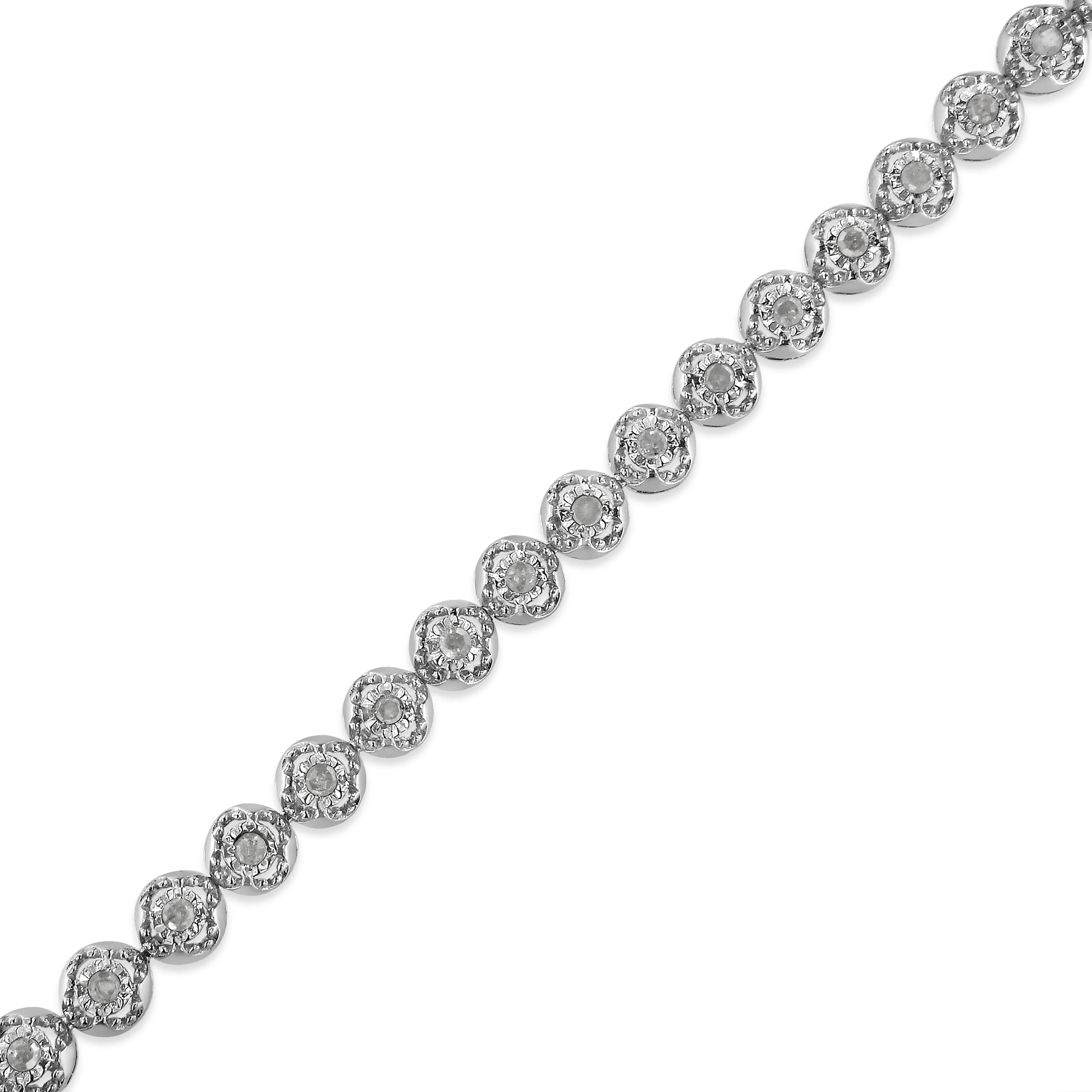 .925 Sterling Silver 1.0 Cttw Diamond Miracle-Plate Open Quatrefoil Flower Circle-Link 7" Tennis Bracelet