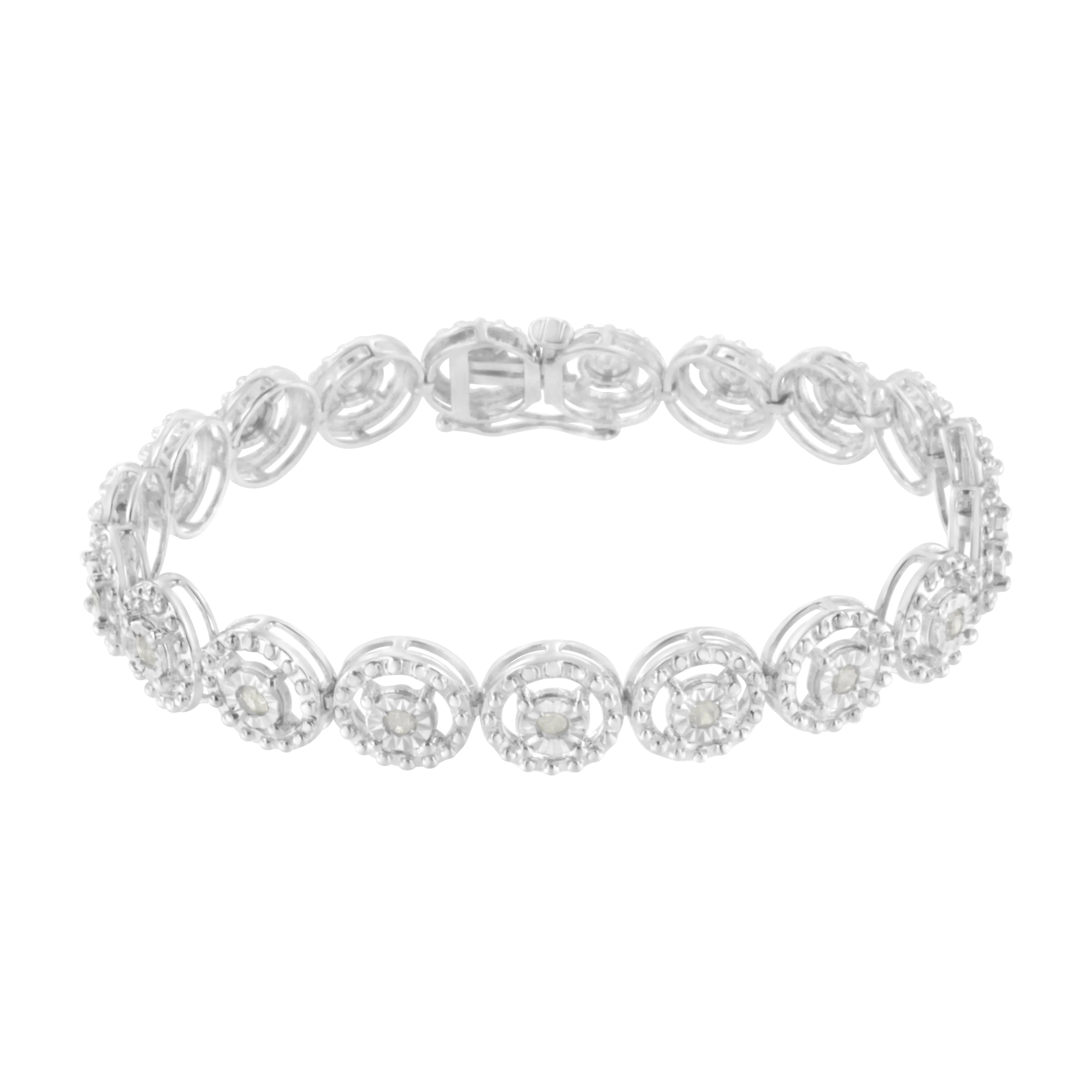 .925 Sterling Silver 1.0 Cttw Diamond Nested Circle Miracle Set Open Wheel 7" Fashion Link Bracelet