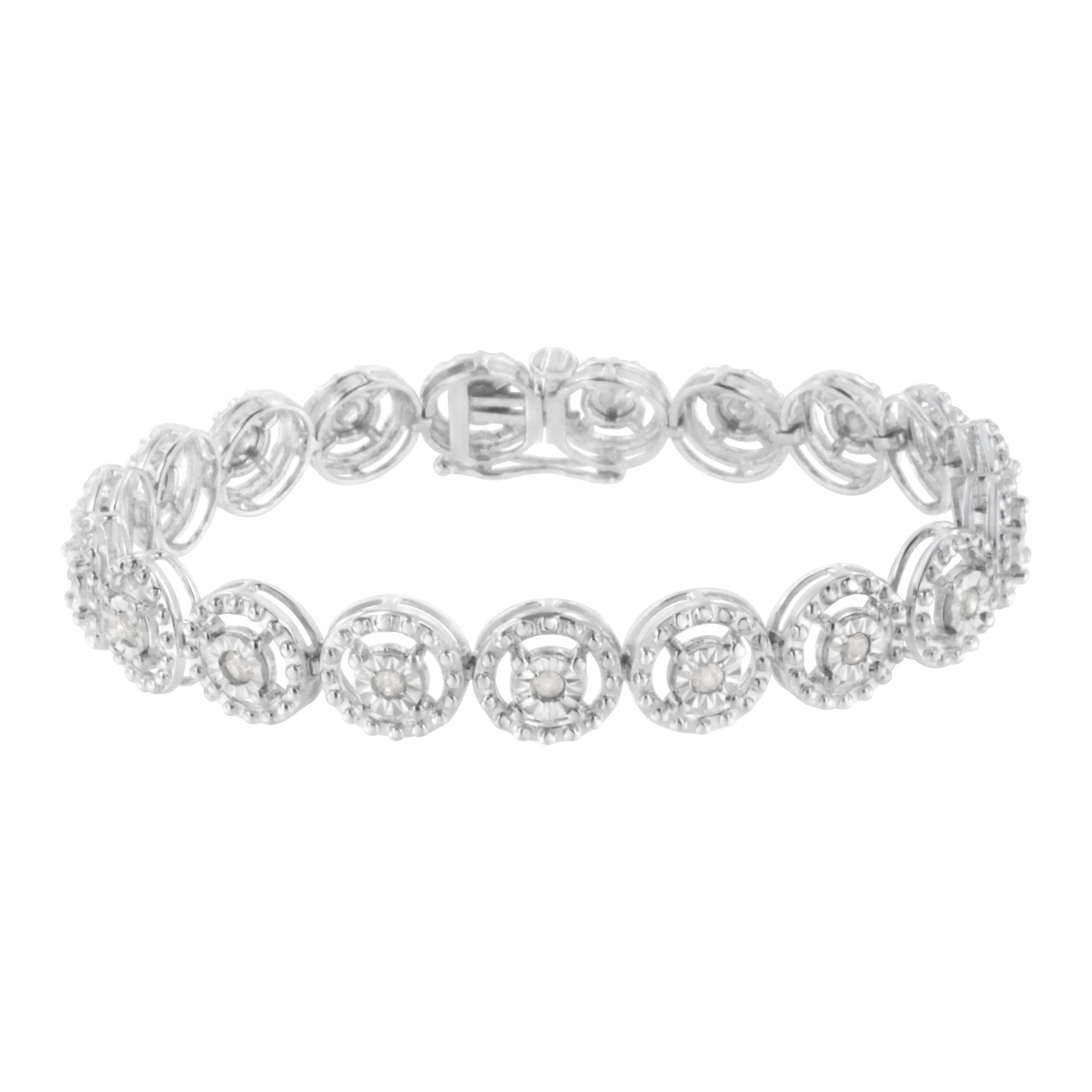 .925 Sterling Silver 1.0 Cttw Diamond Nested Circle Miracle Set Open Wheel 7" Fashion Link Bracelet