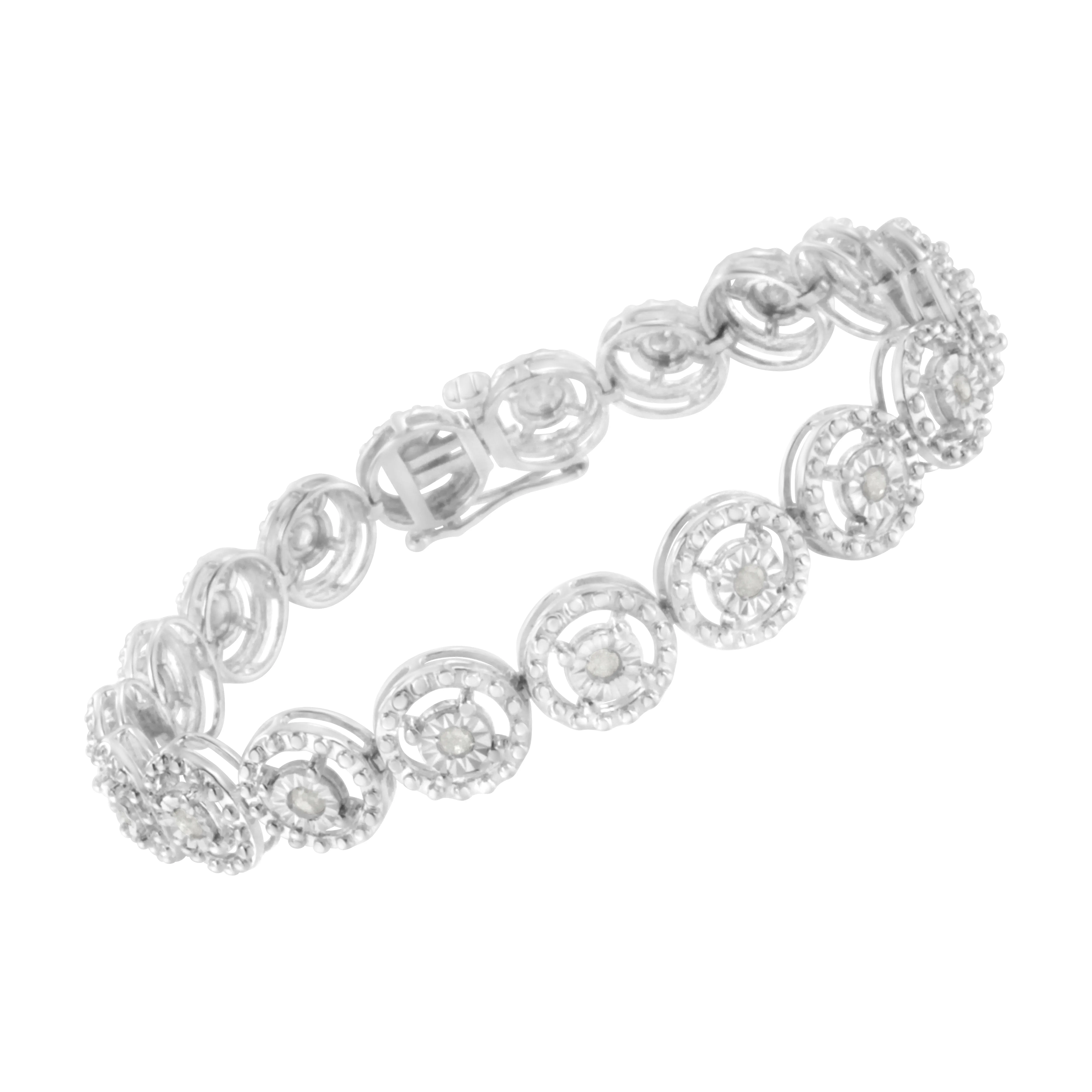 .925 Sterling Silver 1.0 Cttw Diamond Nested Circle Miracle Set Open Wheel 7" Fashion Link Bracelet