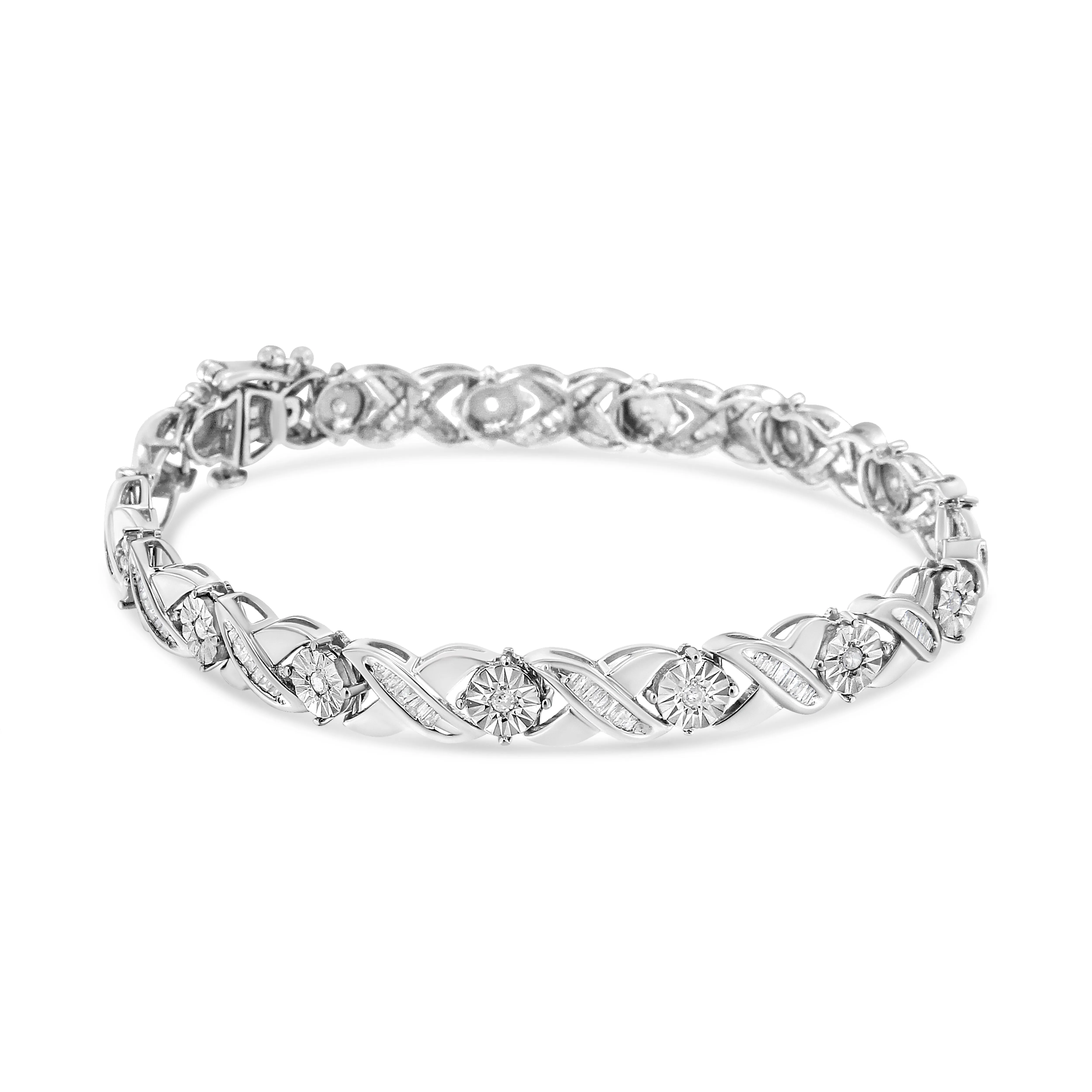 .925 Sterling Silver 1.0 Cttw Round-Brilliant and Baguette Cut Diamond Miracle-Set X-Link 7" Tennis Bracelet