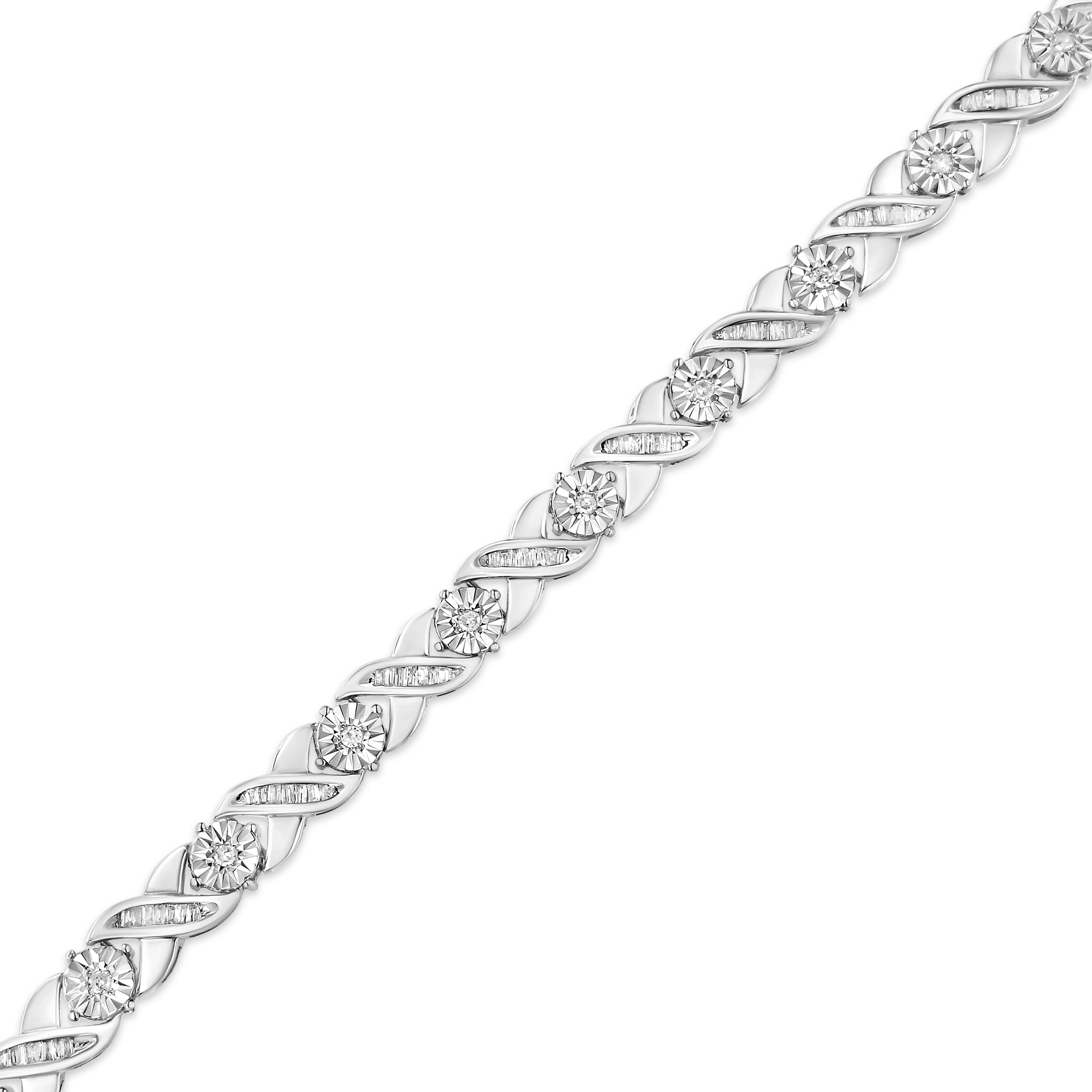 .925 Sterling Silver 1.0 Cttw Round-Brilliant and Baguette Cut Diamond Miracle-Set X-Link 7" Tennis Bracelet