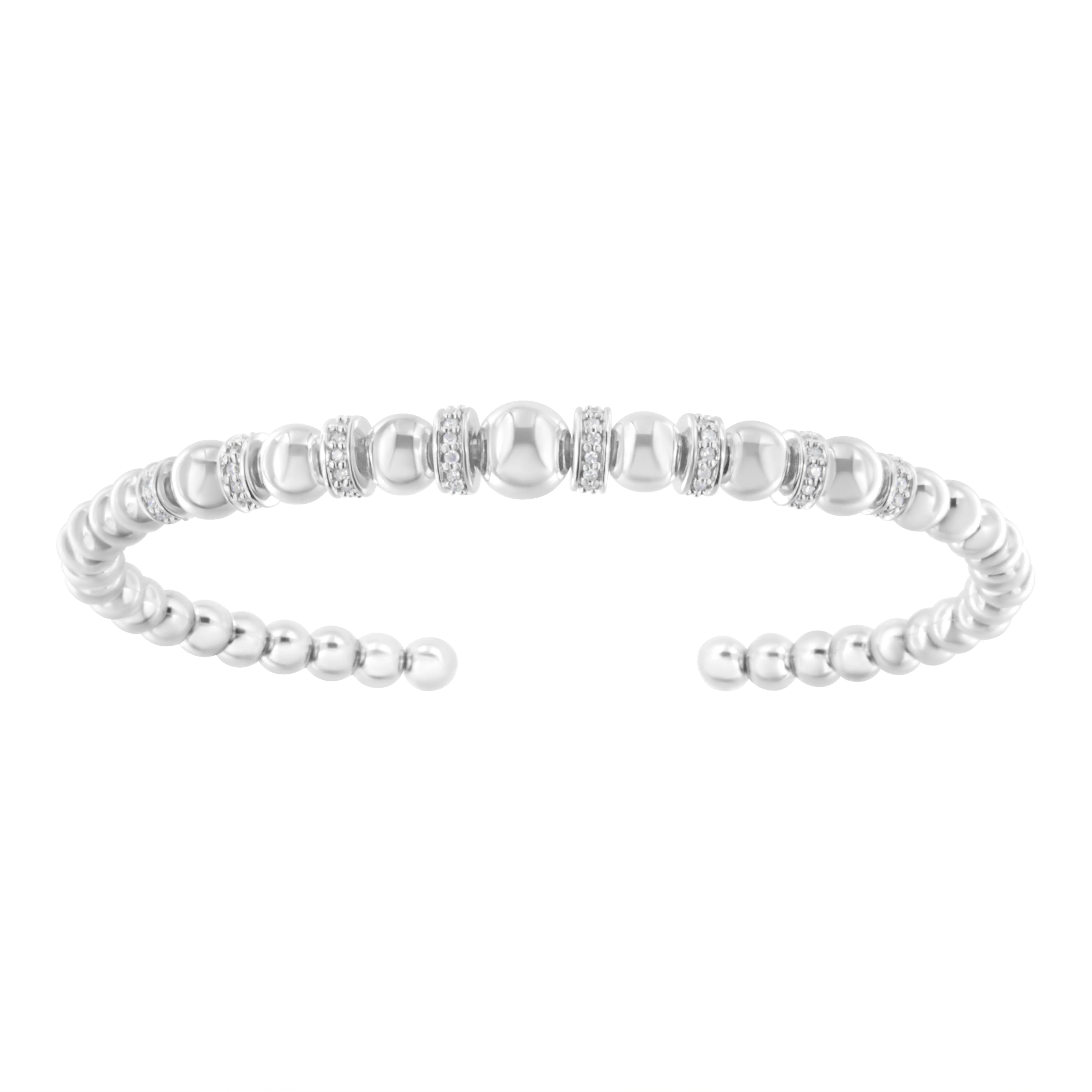 .925 Sterling Silver 1/4 Cttw Diamond Rondelle Graduated Ball Bead Cuff Bangle Bracelet