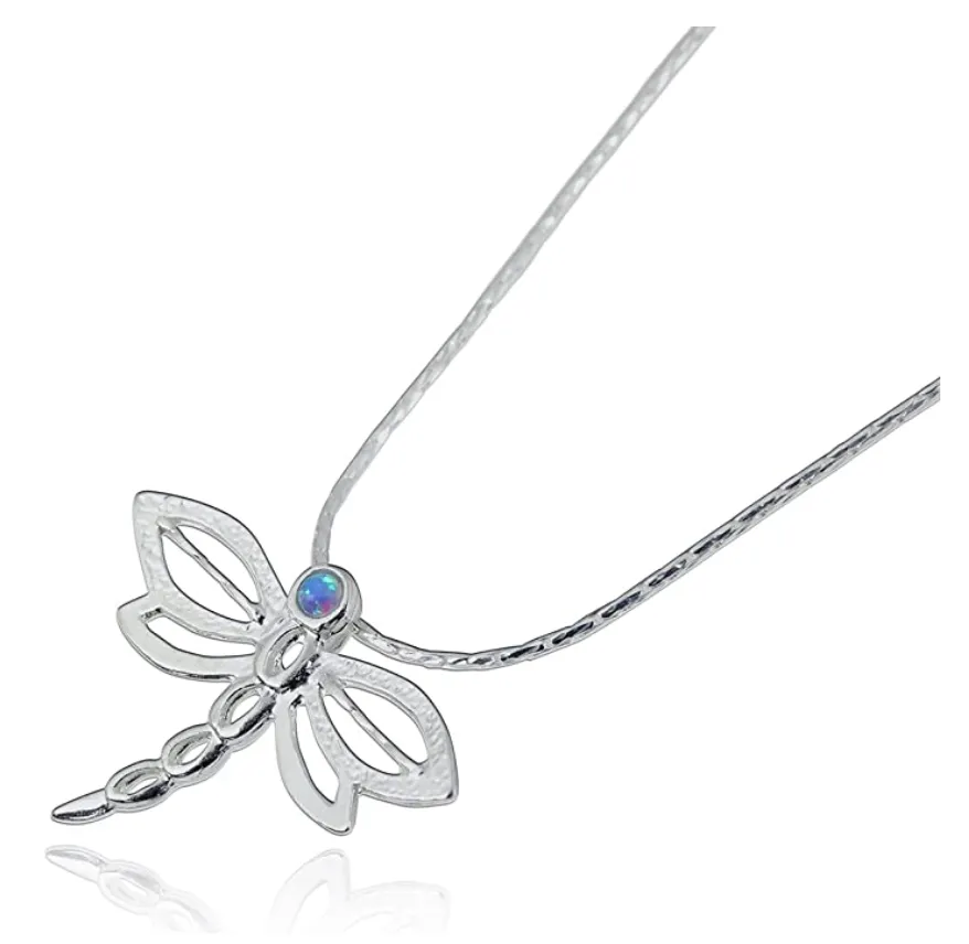 925 Sterling Silver Dragonfly Necklace Blue Opal Simulated Dragonfly Jewelry Pendant Chain Birthday Gift 22in.