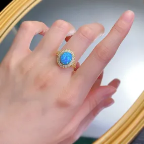 925 sterling silver gold-plated ring inlaid with 8*10mm oval Opal blue ins ring women's jewelry