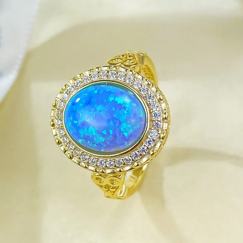 925 sterling silver gold-plated ring inlaid with 8*10mm oval Opal blue ins ring women's jewelry