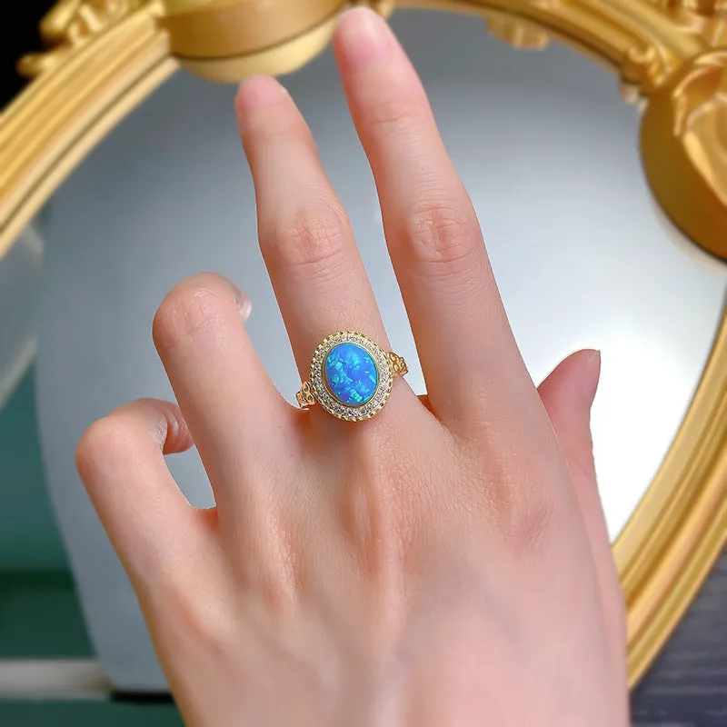 925 sterling silver gold-plated ring inlaid with 8*10mm oval Opal blue ins ring women's jewelry