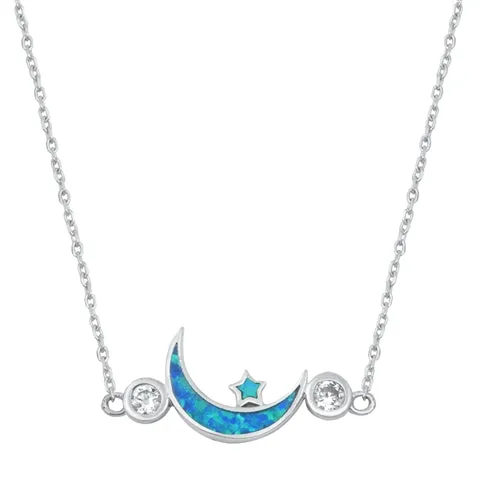 925 Sterling Silver Moon & Star Necklace With Opal & CZ's