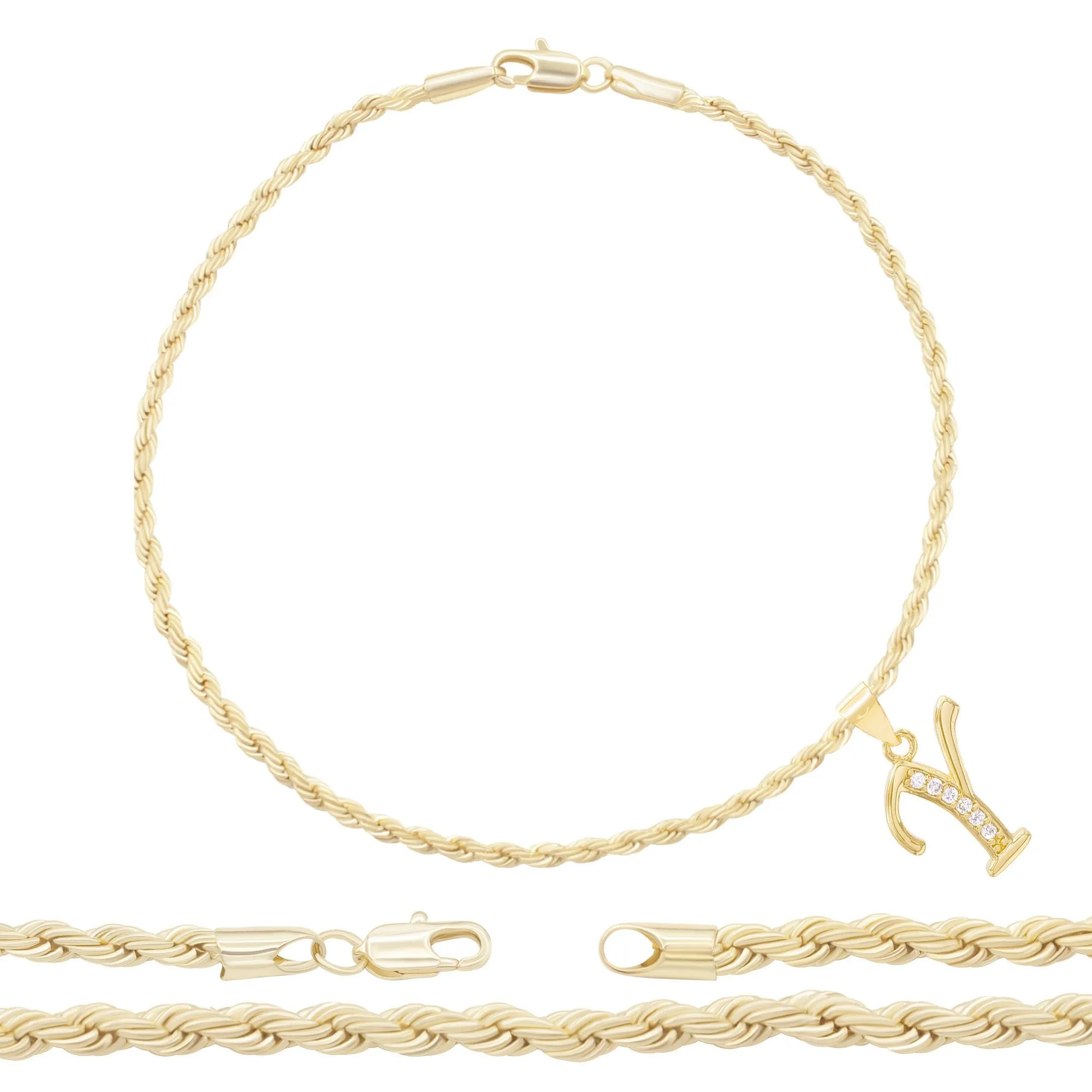 A-Z Initial Letter Pendant 14K Gold Filled Cubic Zirconia Rope Chain Anklet 10" Set CZ Charm Foot Bracelet 2.4 mm Female Women Girl