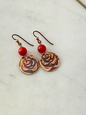 Acid etched copper earrings with coral gemstones