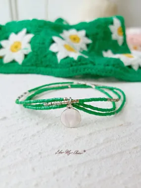 Adjustable Drawstring Beaded Bracelet Emerald Silver Pearl