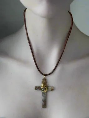 Agate Gold Wire-wrapped Cross Necklace