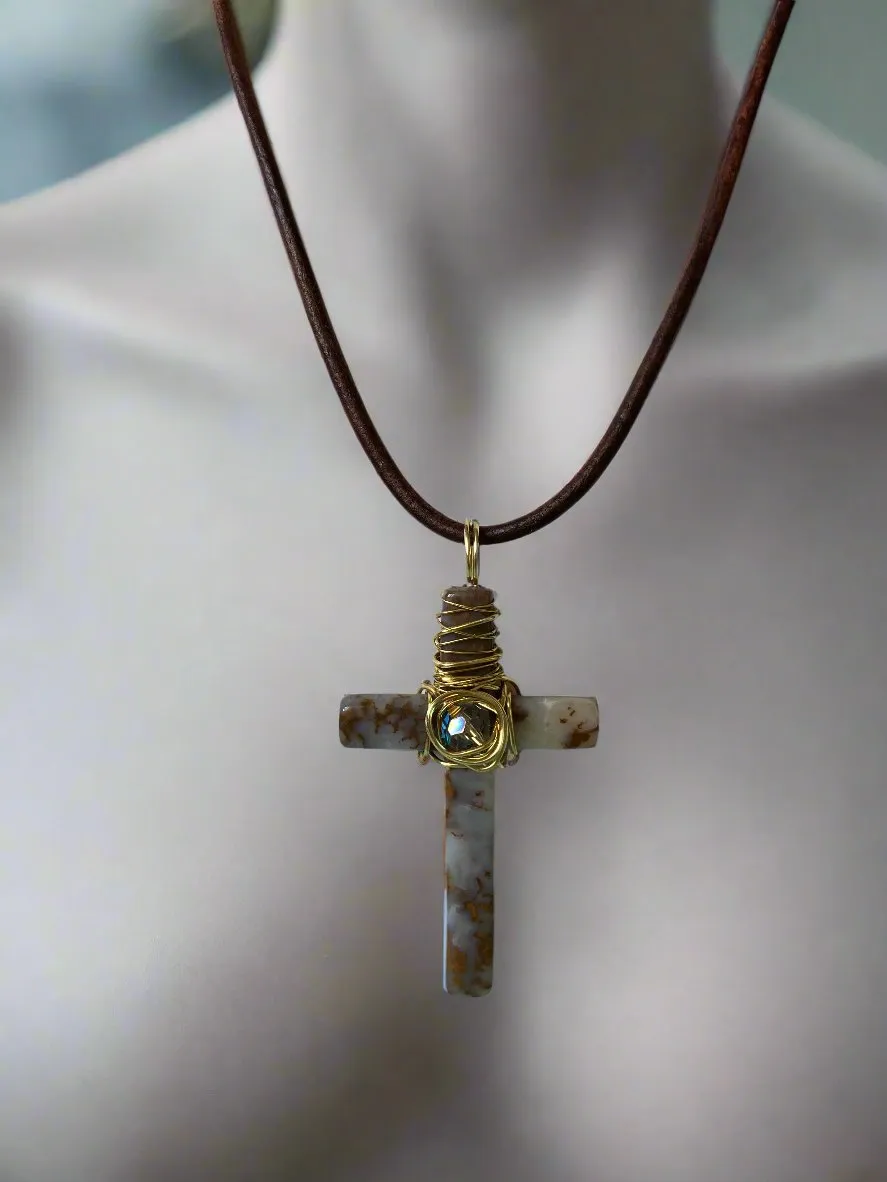 Agate Gold Wire-wrapped Cross Necklace