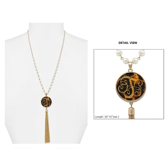 AN1866-TWG Pearl & Gold  Necklace Tortoise Initial "T" Pendent and Tassel