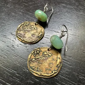 Ancient Athena's Owl Coin Earrings with Peruvian Opal Beads