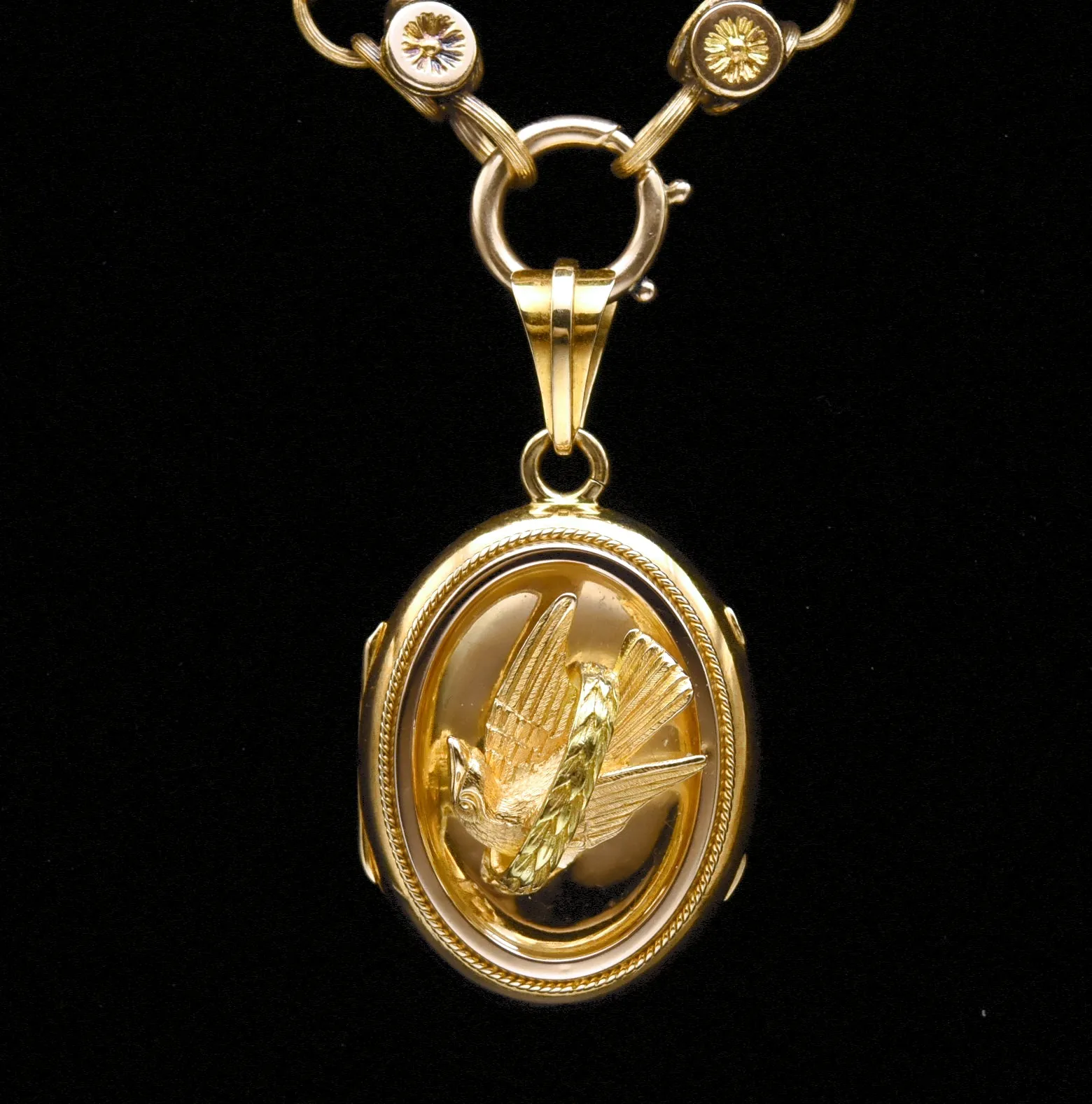 Antique 18k Gold Dove Locket on 18k Chain Necklace - 19.25"