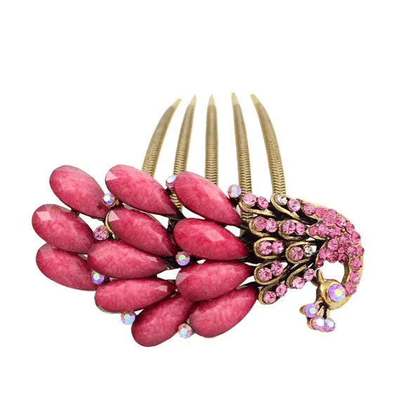 Antique Brass Rhinestone Peacock French Twist Comb Pink