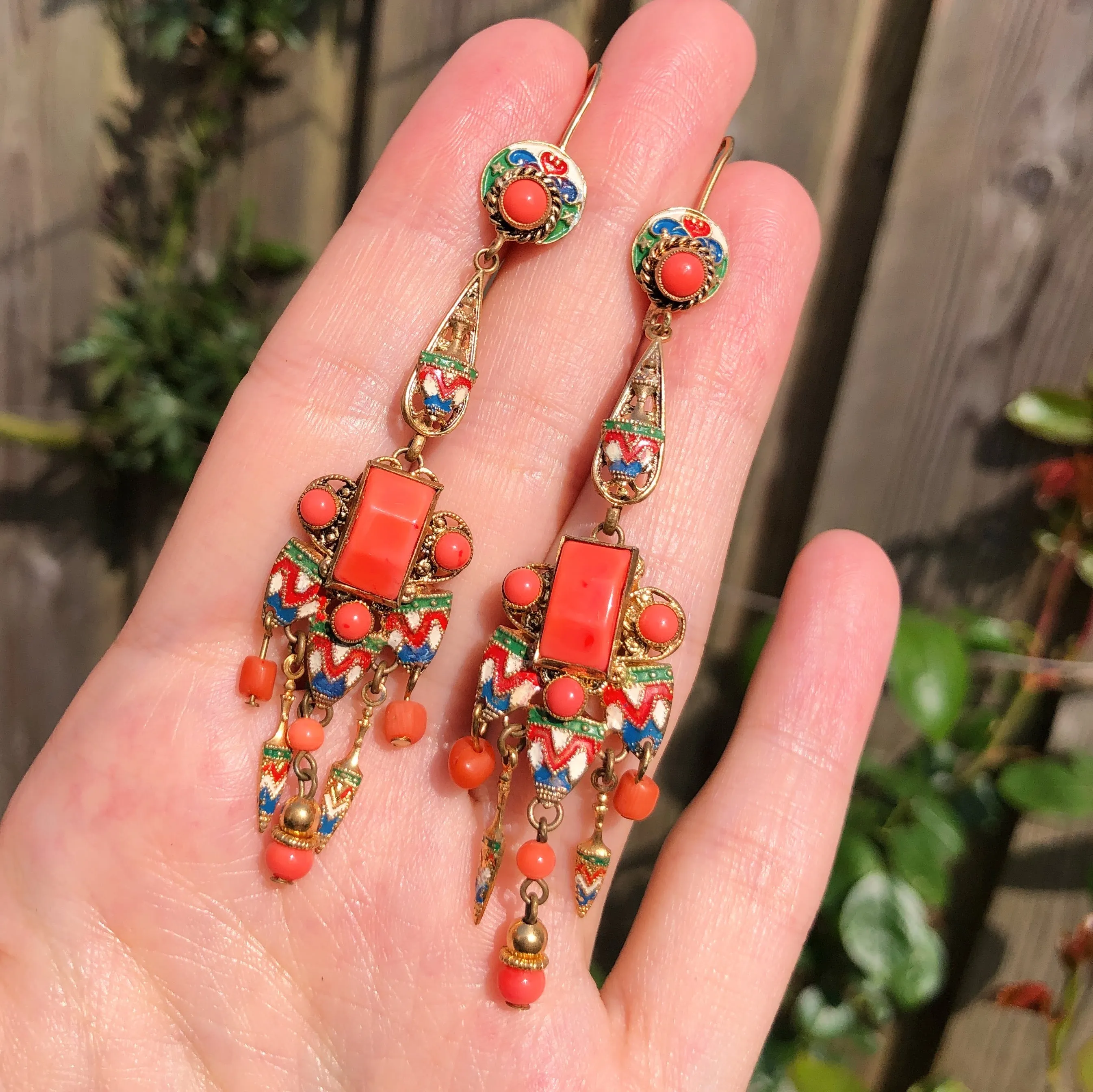 Antique Czechoslovakian Neiger Brothers Coral Glass Enamel Earrings