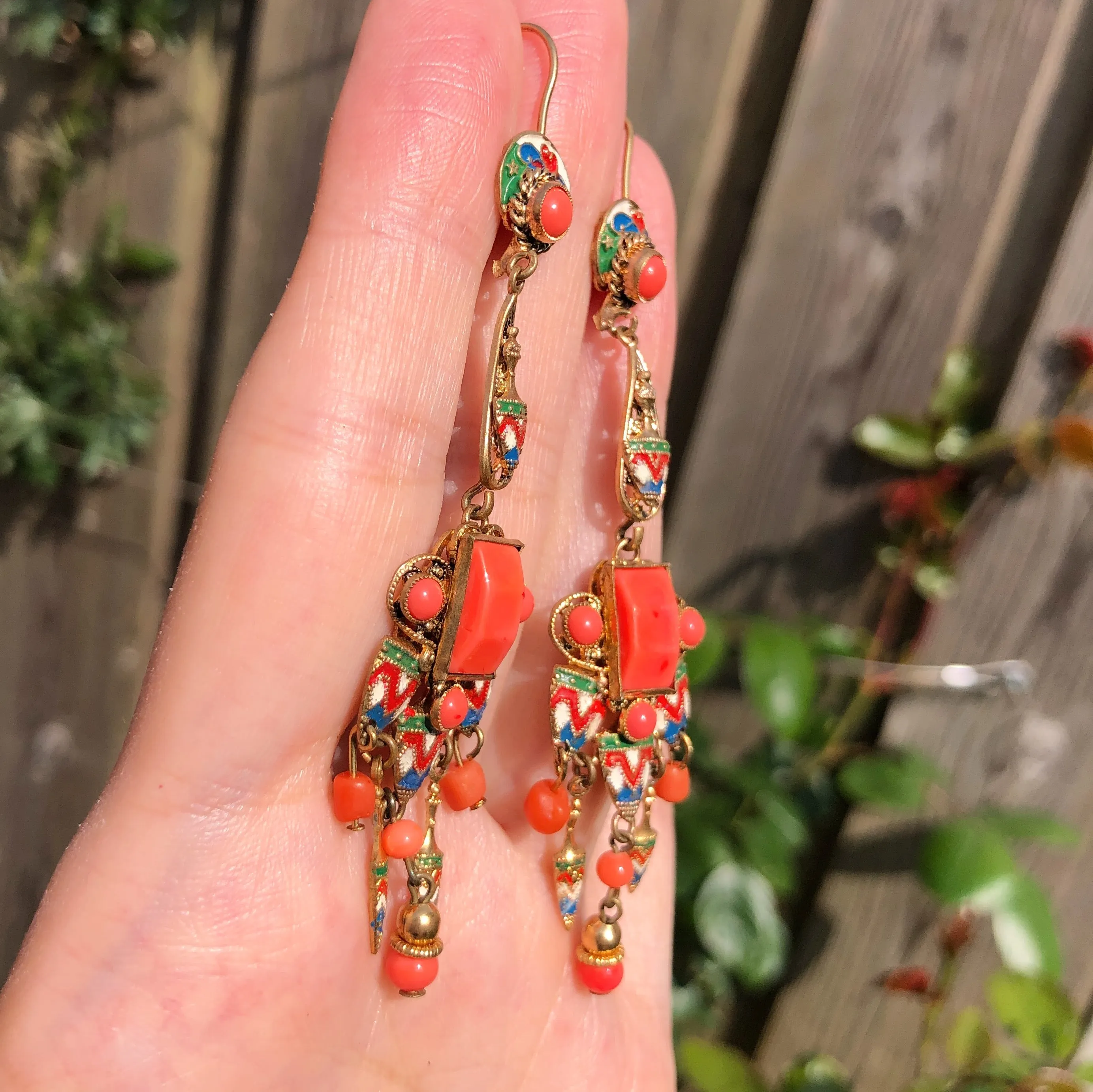 Antique Czechoslovakian Neiger Brothers Coral Glass Enamel Earrings